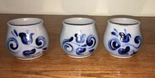 Set Of 3,  Vintage Salt Glazed Pottery Stoneware Handled Cups 6 Oz.  Cobalt