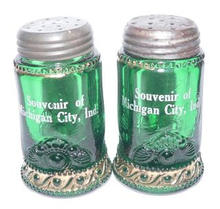 Michigan City Indiana Ind In Souvenir Salt Pepper Shaker Set Greenglass1900