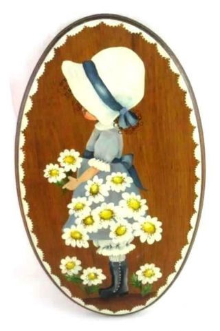 Oval Hand Painted Wood Wall Plaque Girl In A Blue Dress Sunbonnet With Daisies