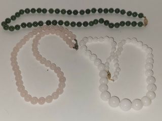 3 Necklaces - Old - Stone - Quartz - Jade - Beaded - Knotted - 10mm - 12mm - Vintage - Gemstone