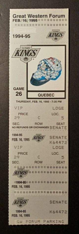 Vintage Quebec Nordiques @ La Kings Full Hockey Game Goalie Mask Ticket 1995