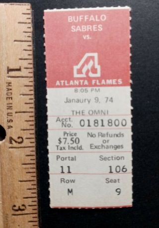 Vintage Buffalo Sabres @ Atlanta Flames Hockey Ticket Stub Goalie So 1/9 1974