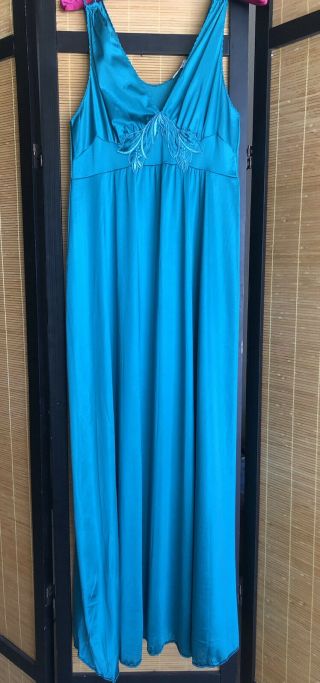 Vintage Vanity Fair Shiny Teal Blue Nylon Long Nightgown Empire Waist Appliqués