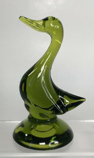 Viking Glass Duck Figurine Paperweight Pedestal 5 " Avocado Green 1960 
