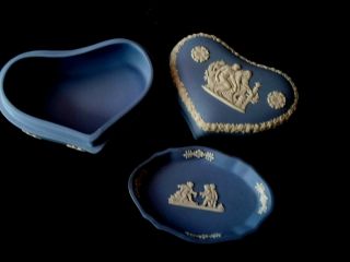 Vintage Blue Jasperware Wedgwood Trinket Box & Plate Heart Shaped Collectible