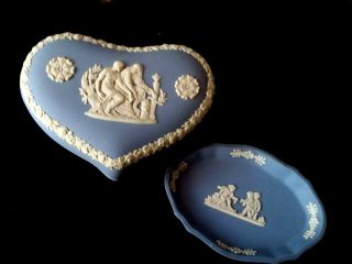 Vintage Blue Jasperware Wedgwood Trinket Box & Plate Heart Shaped Collectible 2