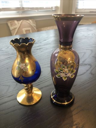 Vintage Bohemian Vases Set Of 2 Blue And Purple Hand Painted