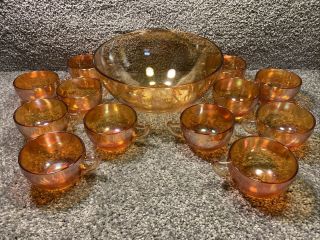 Vtg Jeannette Marigold Carnival Glass Christmas Egg Nog Set Bowl 12 Cups Holiday