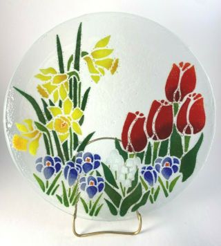 Peggy Karr Glass Spring Garden 11 " Plate Tulips Daffodils Irises Snowdrops