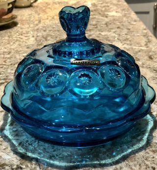 Le Smith Blue Moon & Stars Round 7.  5” Covered Butter Cheese Dish Vintage Sticker