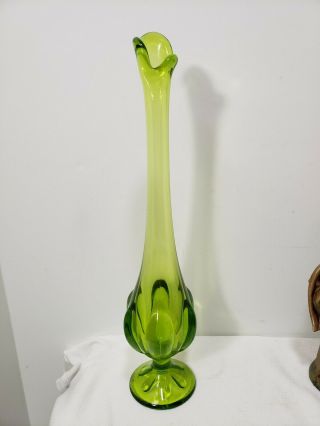 Vintage Mcm Viking Glass Green Epic Line 6 Petal Pedestal 12 " Green Swung Vase