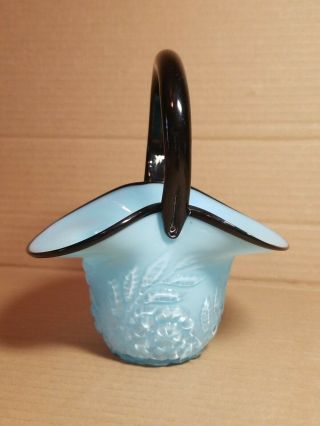 Fenton Style Art Glass Basket Light Blue Opaque Glass Black Handle 7 ½ " Floral