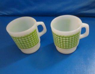 Set Of 2 - Fire King - Milk Glass Stackable Coffee Mugs/ Cups - Green Gingham