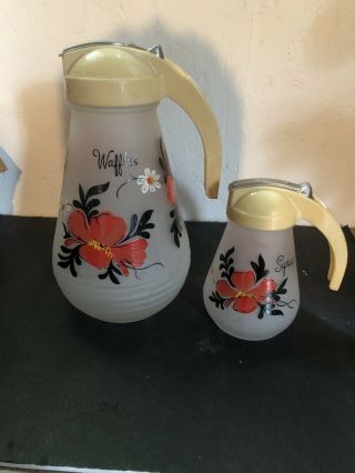 Vintage Hazel Atlas Waffle Syrup Pitcher Frosted Glass Gay Fad Flowers Cute