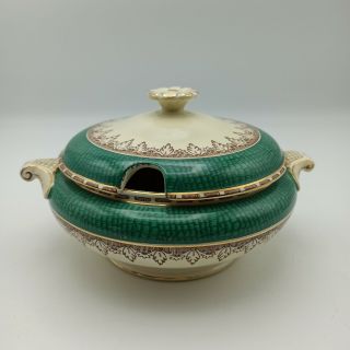 Vintage Booths Silicon China Morocco Border Green Lidded Twin Handled Sauce Ture