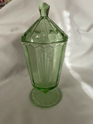 Vintage Depression Glass Green Art Deco Candy With Lid