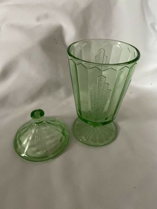 Vintage depression glass green art deco candy with lid 2
