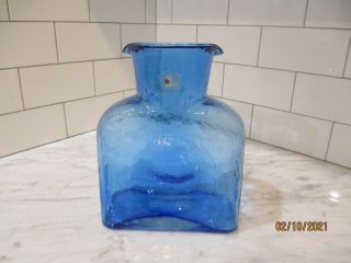 Vintage Blenko Light Cobalt Blue Jug Two - Spouted Water Carafe With Label Mcm