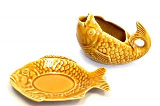 Vtg Shorter & Son Yellow Fish Design Jug & Dish - E26