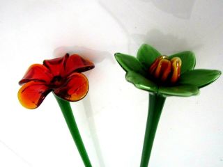 Two Rare Murano/style Hand Blown Art Glass Flower Long Stem 18”