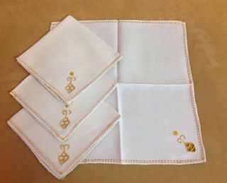 Four Vintage Napkins,  Small,  Linen,  Very Light Beige With Gold Cut Work Detail