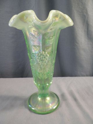 Fenton Green Opalescent & Iridescent Carnival Glass Fluted Paneled Grape Vase