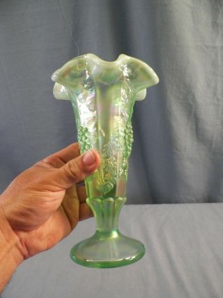 Fenton Green Opalescent & Iridescent Carnival Glass Fluted Paneled Grape Vase 2