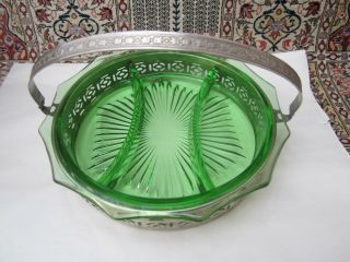 Green Depression 3 Divided Glass Dish W Silver Chromecarrier,  Caddy 1930 