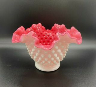 Vtg Fenton Pink Glass Cased Inside White Milk Glass Hobnail Ruffled Bowl Vase