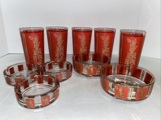 Vintage Set 5 Red & Gold Hindu Goddess 8 Oz Cocktail Glasses 2 Bowls 3 Ash Trays