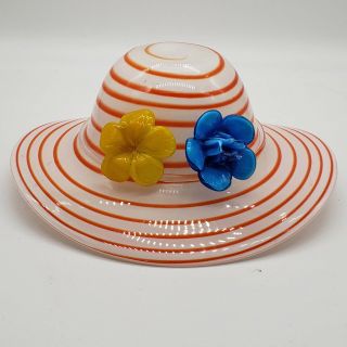 Hand Blown Art Glass Orange White Swirl Hat Bonnet Bowl W/ Flowers