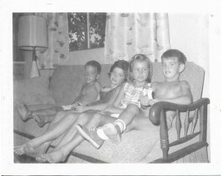 2 Vintage Photos Boys Girls Kids Sitting On Couch Sofa