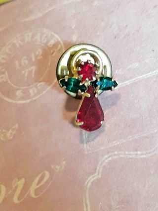 Vintage Gold Tone Red & Green Color Stone Angel Lapel Pin Ships