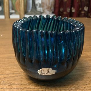 Mcm 1950s Blenko Art Glass Blue Pinched Ruffled Rose Bowl Vase Rose Bowl Label
