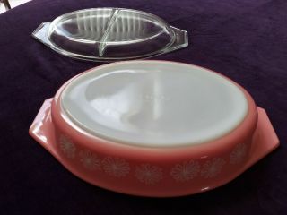 Vintage Pyrex Pink White Daisy Divided Casserole Dish With Lid Cover 1.  5 Quart 2