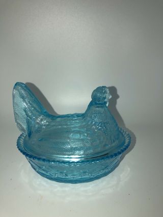 Vintage Westmoreland Blue Aqua Glass Hen On Nest Candy Dish