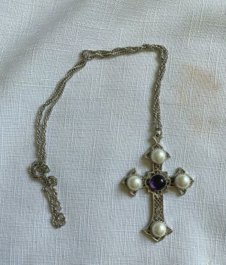 Vintage Sarah Coventry Signed Cross Pendant Necklace With Purple Stone,  Antique