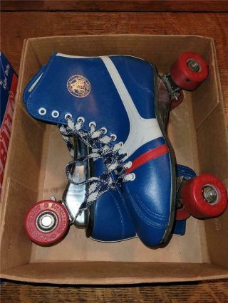 Vintage Guc Roller Derby Fireball Blue Red White Skates Size 5,  Box B
