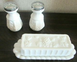 Westmoreland Milk Glass Butter Dish Paneled Grapes Leaves W Salt Pepper Shakers