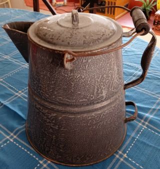 Vintage Granite Enamel Ware Gray Speckled Extra Large Cowboy Coffee Pot Kettle