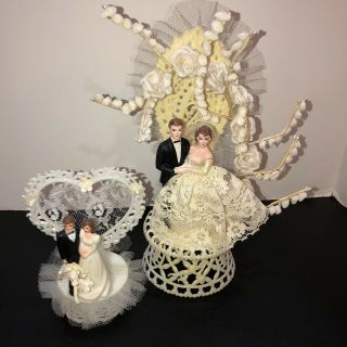 Vtg Wedding Cake Topper Two Heart Shape & Arch Shape Lace & Tulle Black & White