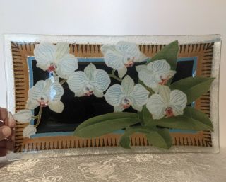 Peggy Karr Fused Art Glass Tray Orchids Signed By Artist Platter Flowers Summer