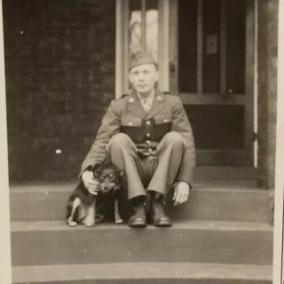 Identified Wwii Us Soldier Uniform W/ Rottweiler Puppy Dog Posed Vtg Photo 1943