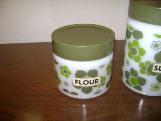 Set Of 3 Vintage 1960 ' s Fire - King Avocado & Green Flowers Canisters - 2