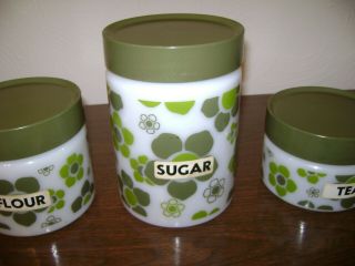 Set Of 3 Vintage 1960 ' s Fire - King Avocado & Green Flowers Canisters - 3