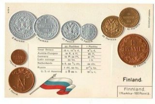 Embossed Finnish Coin Postcard With Flag Of Finland Vintage 1900 - 10
