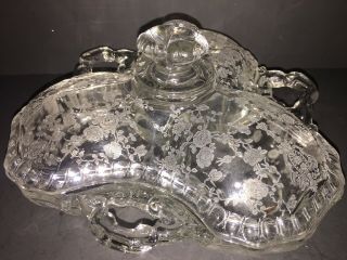 Vintage Cambridge Rose Point Clear 3 - Part Handled Divided Serving Dish W/ Lid