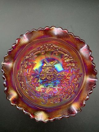 Vintage Le Smith Carnival Glass Ruffled Bowl - Iridescent Red Windmill Pattern