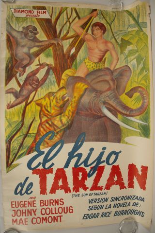 Vintage 1950s Spanish One Sheet Movie Poster El Hijo De Tarzan The Son Of Tarzan