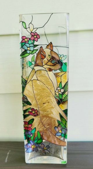 Joan Baker Designs " Cats " Hand Painted Art Stained Glass Style Vase